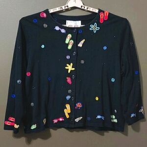 Michael Simon Lite Black Full Button Top With Sea Shore and Flip Flops S…